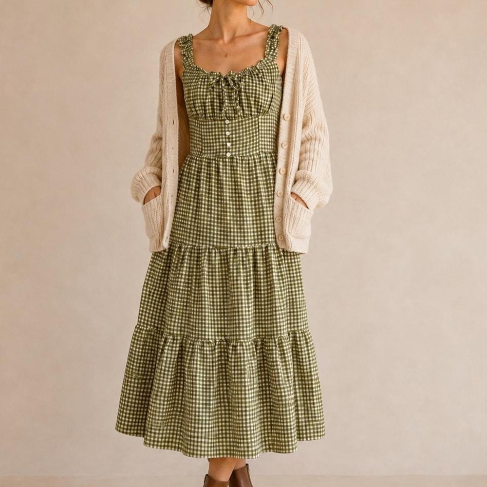 Monteau Los Angeles Olive Gingham Cottagecore Tiered Midi Dress M